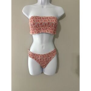 Pink Ditsy Floral Print Bikini Swimsuit Stretchy Shirred Beachwear Size S NWOT